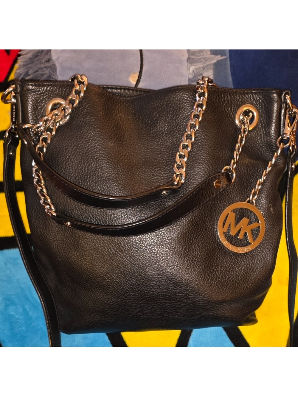 Michael Kors Black Leather Shoulder Bag with Gold Chain